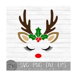 Reindeer with Holly - Instant Digital Download - svg, png, dxf, and eps files included! - Christmas, Reindeer Face, Antl