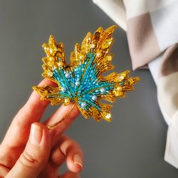 Maple leaf brooch, beaded brooch pin, blue golden jewelry, gift for girlfriend