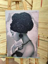 african women's canvas painting with black glitter texture, african women's canvas painting with necklace, african women