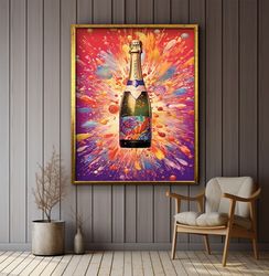champagne bottle canvas painting, pop art wine bottle poster, colorful pop art drink painting