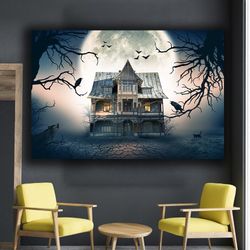 horror canvas decor, halloween wall art, modern wall art, man crow his shoulder observing moon, moonlight canvas, hallow