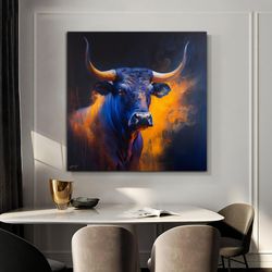 Abstract Canvas Print Of A Bull Painting, Dark Blue And Orange, Ox Art, Bull Wall Art, Bull Poster, Bold, Colorful-2