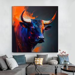Abstract Canvas Print Of A Bull Painting, Dark Blue And Orange, Ox Art, Bull Wall Art, Bull Poster, Bold, Colorful