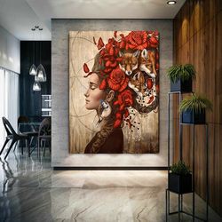 Flower Head Canvas Painting, Woman With Feather Head Wall Decor, Woman With Flower Canvas Art