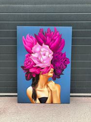 Flowers Woman Canvas Painting, African And American Black Woman Painting, Handwork Wall Decor