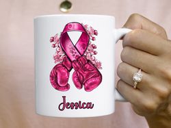 personalized name, breast cancer awareness boxing gloves and ribbon mug, double sided print