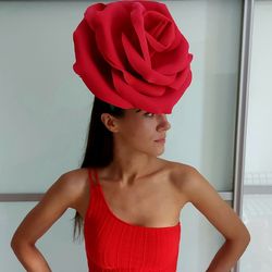 Large red rose hat-Wedding guest headgear-Bridal headdress-Flower headpiece-Bride Hair clip