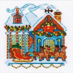 Cross Stitch Kit - A House with a Sleigh - Christmas - Embroidery Kit - Needlework Kit - DIY Kit