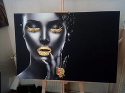 African Black Woman, Lady Model ,Gold Foil Face, Blue Eyes, Golden Hand Portrait Deep, Canvas Print ,Modern Culture ,Wal