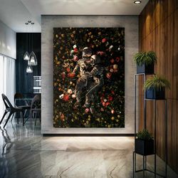 Nasa Astronaut Couple Canvas Wall Art, Nasa Astronaut Love In Space Canvas Wall Art, Flowers And Astronauts Wall Art