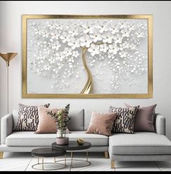 White Flowers Glitter Textured Framed Canvas, Handcrafted Glitter Texture, Framed Wall Art, Framed Canvas Painting