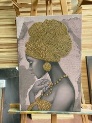 African Woman Glitter Embroidered Canvas Painting,Black Woman Paintinghandwork Wall Decor,Gold African Woman