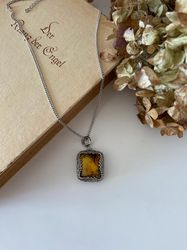 Beaded pendant with baltic amber on rhodium plated chain, unique high quality jewelry, casual style, gift for her