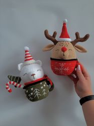 christmas toys, christmas stuffed toys, cup, stuffed bear toy, stuffed deer toys, deer toys, crochet deer, crochet bear