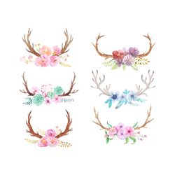 Set Hand Painted Watercolor Flowers Leaves Stock Illustration Bundle Svg, Flower Svg, Horns Deer Svg, Boho Rustic Svg, B