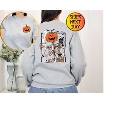 Pumpkin Skeleton Drinking Coffee Sweatshirt, Funny Halloween Sweatshirt, Skeleton Coffee Lover Sweatshirt, Pumpkin Hoodi
