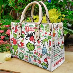 Personalized Christmas Cute Grinch Handbag, Anniversary Grinch Handbag, Disney Leatherr Handbag