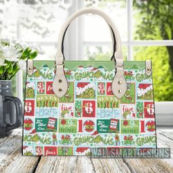 Personalized Christmas Grinch Art Collection Handbag, The Grinch Handbag, Grinch Leatherr Handbag