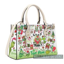 Personalized Christmas Grinch Handbag, Grinch Sticker Collection Handbag, Disney Leatherr Handbag