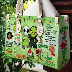Personalized Skeleton Grinch Handbag, Anniversary Grinch Handbag, Disney Leatherr Handbag
