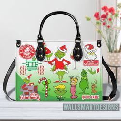 Personalized The Grinch Stickers Collection Handbag, The Grinch Handbag, Grinch Leatherr Handbag