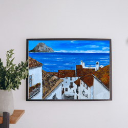 Spanish Cityscape Original Acrylic Art Seascape Painting On Canvas Hand Painted Unique Wall Art By RinaArtSK