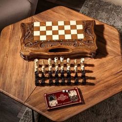 Handmade backgammon chess, with a handle, 50x27 cm, solid walnut