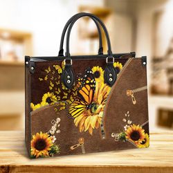 Butterfly Sunflowers Leather Bag, Butterfly Handbag, Custom Leather Bag, Woman Handbag