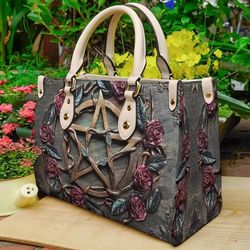 Wicca Leather Bag 3D Rose Star Handbag, Rose Star Handbag, Wicca Handbag, Custom Leather Bag