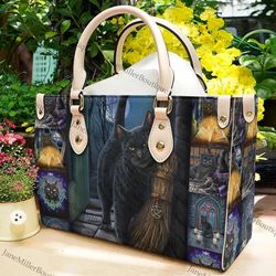 Wicca Leather Bag Black Cat Leather Handbag, Halloween Leather Bag, Black Cat Halloween Handbag, Woman Shoulder Bag
