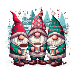 Christmas theme, funny Cute 3 gnomes, dressed in sweaters drinking cocoa
