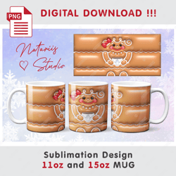 Funny Christmas Gingerbread Pattern - 3D Inflated Puffy Bubble Style - 11oz 15oz MUG - Digital Mug Wrap