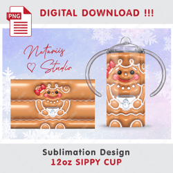 Funny Christmas Gingerbread - 3D Inflated Puffy Bubble Style - Seamless Sublimation Pattern - 12oz SIPPY CUP - Full Wrap