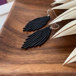 Black fringe beaded earrings - Dangle 2inch minimalist casual style earrings - Halloween gothic witch earrings - gift