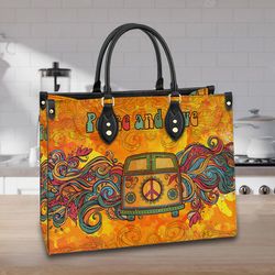 Hippie Psychedelic Camper Van Peace Sign Women leather Bag ,Hippie Woman Handbag,Hippie Women Bag and Purses