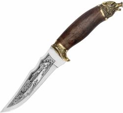 Handmade knife Hunter-2, steel 65X13, walnut / Bear handle on the handle, on the blade image "Duck hunting"