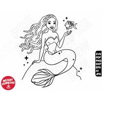 Ariel The little mermaid black SVG , african american princess , flounder png dxf clipart , cut file outline silhouette