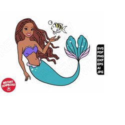 The little mermaid SVG african american , black ariel princess , flounder png clipart cricut , cut file layered by color