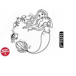 The little mermaid african american , black ariel princess SVG flounder sebastian , png clipart cricut , cut file outlin