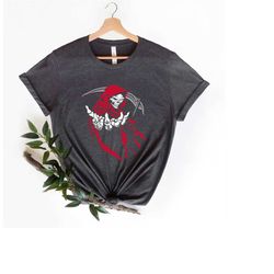 Black Grim Character Shirt, Scary Grim Design T-shirt, Gothic Style Grim Character Printed Shirt, Horror-themed Grim Cha