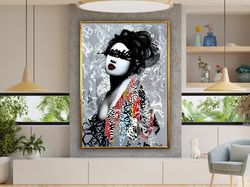 Banksy Art Print, Graffiti, Japanese Woman Art, Geisha Wall Art, Graffiti Art Print, Asian Art,Kimono Art Canvas Design