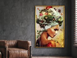 Flower Head Canvas, Elegant Women, Peony Flowers Wall Art, Floral Woman Print, Fashion Poster, Wall Art Design, Framed C