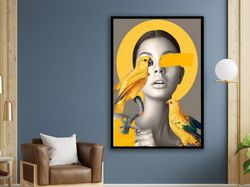 Bird And Woman Canvas, Wall Art Canvas Design, Woman And Parrot Canvas Painting, Unique Yellow Bird Painting,Framed Read