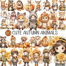 Cute Autumn Animals PNG | Watercolor Clip Art, Fall Leave, Flowers, Cozy fall, Pumpkins, Boy, Girl, Bird, Owl, Rabbit