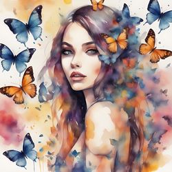 Girl With Butterflies Watercolor Printable 2