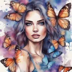 Girl With Butterflies Watercolor Printable 9