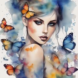 Girl With Butterflies Watercolor Printable 12
