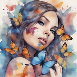 Girl With Butterflies Watercolor Printable 19
