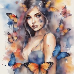 Girl With Butterflies Watercolor Printable 20