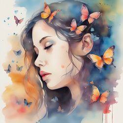 Girl With Butterflies Watercolor Printable 29